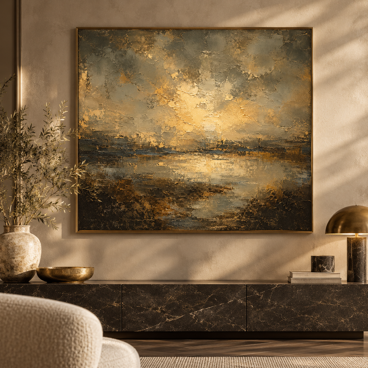 Moody landscape canvas in a floating frame above a console