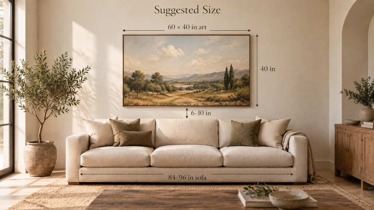 Large 60 x 40 framed canvas hung above a sofa