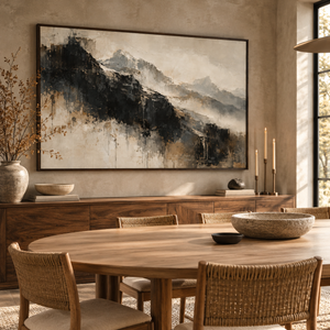 Charcoal Mountain Mist Abstract Wall Art, Black and Gold Canvas Print, Modern Textured Mountain Painting, Japandi Living Room Decor, Large Wall Art