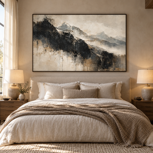 Charcoal Mountain Mist Abstract Wall Art, Black and Gold Canvas Print, Modern Textured Mountain Painting, Japandi Living Room Decor, Large Wall Art