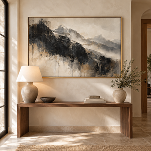 Charcoal Mountain Mist Abstract Wall Art, Black and Gold Canvas Print, Modern Textured Mountain Painting, Japandi Living Room Decor, Large Wall Art