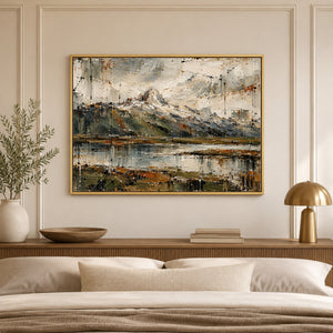 Alpine Lake Impasto Landscape Art Print styled in a living space