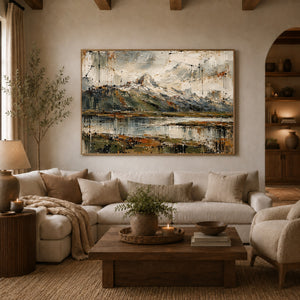 Alpine Lake Impasto Landscape Art Print styled in a living space