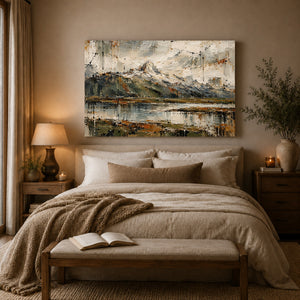 Alpine Lake Impasto Landscape Art Print styled in a living space