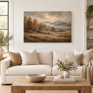 Autumn Mountain Valley Landscape Art Print styled in a living space