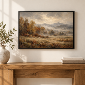 Autumn Mountain Valley Landscape Art Print styled in a living space