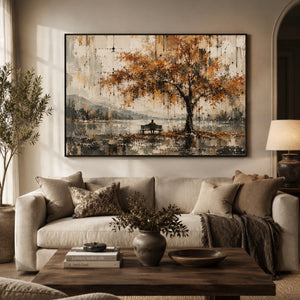 Autumn Tree by the Lake Wall Art styled in a living space