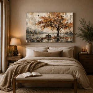 Autumn Tree by the Lake Wall Art styled in a living space
