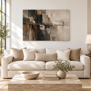 Black and Bronze Distressed Abstract Wall Art styled in a living space