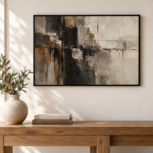 Black and Bronze Distressed Abstract Wall Art styled in a living space