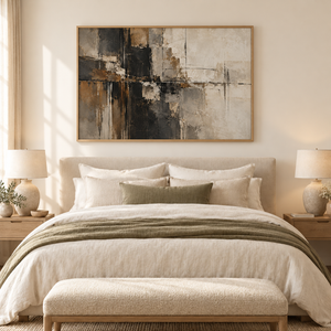 Black and Bronze Distressed Abstract Wall Art styled in a living space