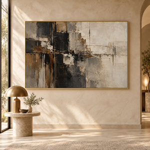 Black and Bronze Distressed Abstract Wall Art styled in a living space