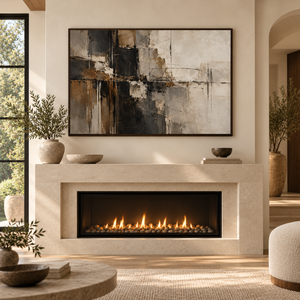 Black and Bronze Distressed Abstract Wall Art styled in a living space