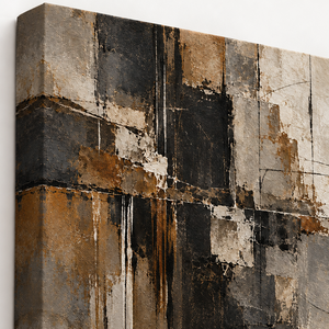 Detail view of Black and Bronze Distressed Abstract Wall Art canvas and frame