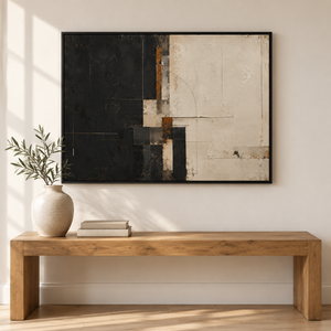 Black and Cream Block Abstract Wall Art styled in a living space