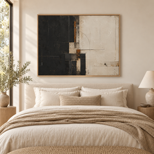 Black and Cream Block Abstract Wall Art styled in a living space