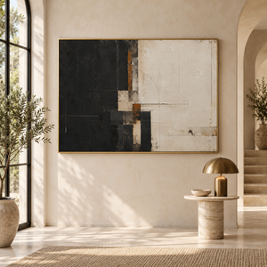 Black and Cream Block Abstract Wall Art styled in a living space
