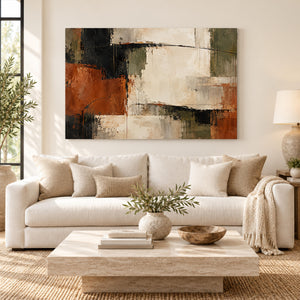 Black and Rust Layered Block Abstract Wall Art styled in a living space