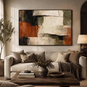 Black and Rust Layered Block Abstract Wall Art styled in a living space