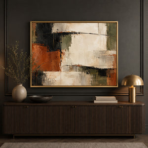 Black and Rust Layered Block Abstract Wall Art styled in a living space