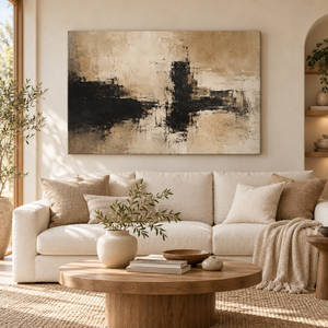 Black and Tan Abstract Wall Art in a styled room