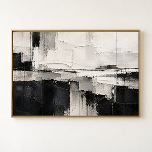 Black and White Horizon Block Abstract Wall Art in a gold floating frame