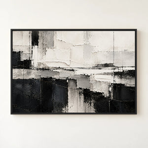 Black and White Horizon Block Abstract Wall Art in a black floating frame
