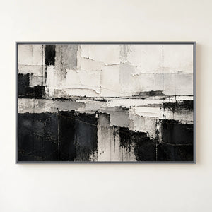 Black and White Horizon Block Abstract Wall Art in a silver floating frame