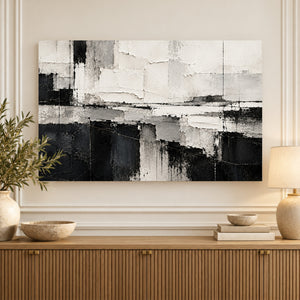 Black and White Horizon Block Abstract Wall Art styled in a room