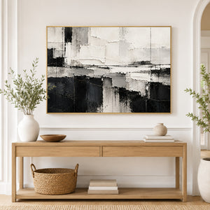 Black and White Horizon Block Abstract Wall Art styled in a room