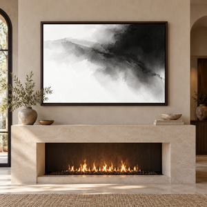 Black and White Ink Mountain Wall Art styled in a living space