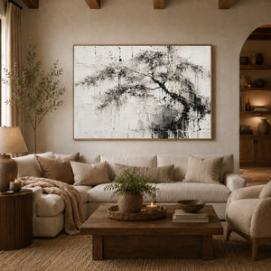 Black and White Ink Tree Wall Art styled in a living space