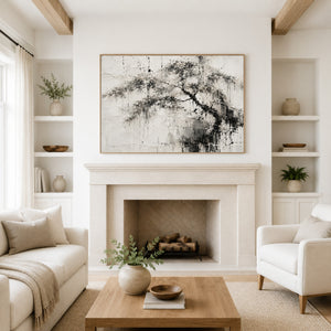 Black and White Ink Tree Wall Art styled in a living space
