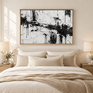 Black and White Splatter Abstract Wall Art styled in a living space
