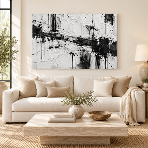 Black and White Splatter Abstract Wall Art styled in a living space