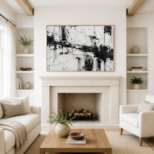 Black and White Splatter Abstract Wall Art styled in a living space