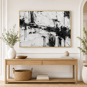 Black and White Splatter Abstract Wall Art styled in a living space