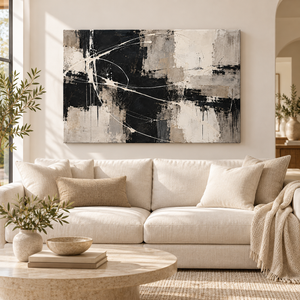 Black and White Textured Abstract Wall Art in a styled room