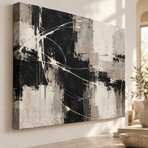 Black and White Textured Abstract Wall Art in a styled room