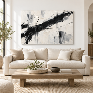 Black Brushstroke on Cream Abstract Wall Art styled in a living space