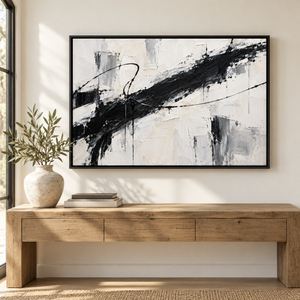 Black Brushstroke on Cream Abstract Wall Art styled in a living space