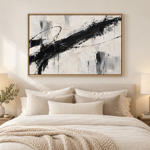 Black Brushstroke on Cream Abstract Wall Art styled in a living space