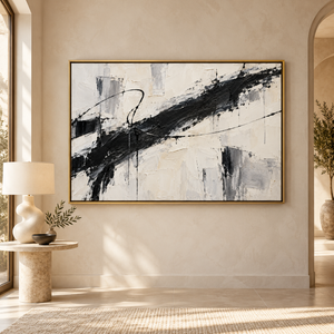 Black Brushstroke on Cream Abstract Wall Art styled in a living space