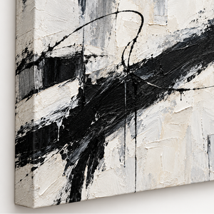Detail view of Black Brushstroke on Cream Abstract Wall Art canvas and frame