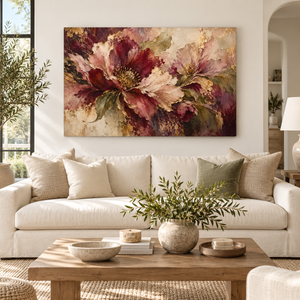 Burgundy Peony Floral Wall Art styled in a living space