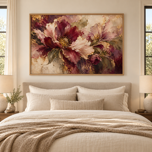 Burgundy Peony Floral Wall Art styled in a living space