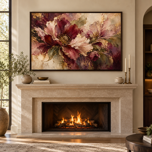 Burgundy Peony Floral Wall Art styled in a living space