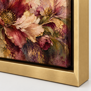 Close up of Burgundy Peony Floral Wall Art canvas texture and frame edge