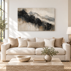 Charcoal Mountain Mist Abstract Wall Art styled in a living space