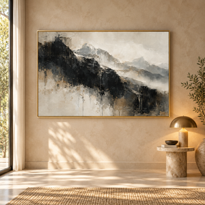 Charcoal Mountain Mist Abstract Wall Art styled in a living space